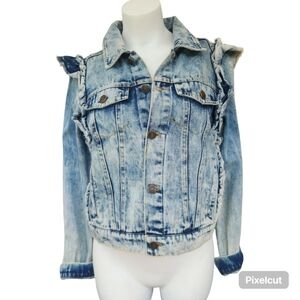 ELAN Ruffled Acid Washed Jean Jacket